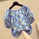New Fashion Broken Flower Word Collar Short-Sleeved T-Shirt Top Women's Summer Niche Loose Shirt On The Original Work