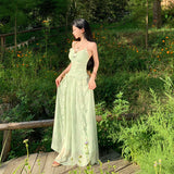 French Holiday Wind Mint Green Crumid Hanging Dress Female Summer Lotus Leaf Side Waist Design Super Fairy Temperament Dress