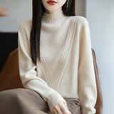 A Line Of Ready-Clothed Wool Blended 2026 Autumn And Winter New Women Loose Semi-High Collar Pure Color Twisted Flowers Inside The Bottom Knitting Shirt