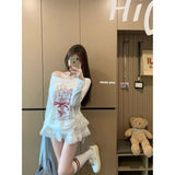 Korean White Print Oblique Shoulder Long-Sleeved T-Shirt Women's Summer Loose Sun Protection Shirt Design Thin Model Top