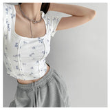 Vintage Three-Dimensional Fish Bone Line Repair Bottom Shirt Square Collar Collar Collar Collar Short-Sleeved T-Shirt Exposed Umbilled Short Top In Tide