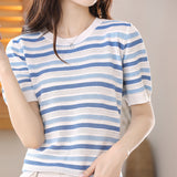 Ice Silk 2026 Spring And Summer Women's New Short Loose Round Collar Small Fresh Hollow Striped T-Shirt Knitted Shirt Short Sleeves