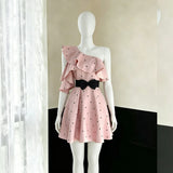 Sweet Girl Wind Pink Oblique Shoulder Dress Girl Early Spring New Wave Lotus Leaf Side Bow Bow Waist Skirt