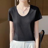 2026 Spring And Summer Women's New Shoulder Short T-Shirt Fashion U Collar Slim Bottom Shirt Short Sleeve Thin Fashion Top