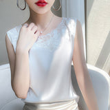 Silk Satin 2026 Spring And Summer New Women's Rounded Sleeveless Vest T-Shirt Mesh Spliced Tops And Bottom Shirts