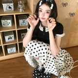 Summer French Vintage College Style Wearing Design Lace Sleeves Short-Sleeved T-Shirt + Wavet-Point Temperament Skirt Suit