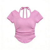 Design Sense Care Machine Hanging Neck With Short T-Shirt Girls Summer Slimming Hottie Shoulder Short Sleeve Top