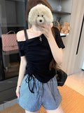 Design-Sense Collared Bare Shoulder Drawstring Top Women's Summer New Slimming Niche Small Collection Thin Short-Sleeved T-Shirt