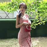 Red Lattice Dress Women Summer French Sweet Design Lace Splicing V-Neck Waist Holiday Sling Skirt