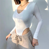 Kiche V-Necked Women In Spring And Autumn Pure Lust Hot Girls Sexy Open Waist Long-Sleeved T-Shirt
