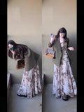Autumn And Winter Wear A Complete Set Of Maillard Coffee Suit Jacket Women Folded Wearing Broken Flowers Hanging Dress Two Sets
