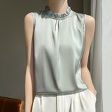 Silk Satin 2026 Summer New Women's Clothing Collar Sleeveless Vest T-Shirt Repair Body With A Half-Sleeve