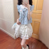 Summer New Two-Piece Suit Small Sweet College Style Splicing Top Cake Half-Dress Woman
