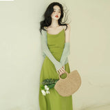 Temperament Super Fairy Dopamine 2025 New Summer Sling Belt French Green Dress Tide