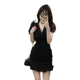Black V-Neck Bubble-Sleeved Dress Women's Summer Niche Design With Fishtail Dress Korean Style