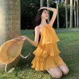 Holiday Wind Hanging Neck Dress Yellow White Multi-Layer Lotus Leaf Bright Silk Dress Beautiful Beach Dress
