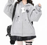 Asian Culture Wears A Skeleton Cat Ear Hooded Coat Female Autumn And Winter Plus Velvet Leisure Lazy Gray Sweater