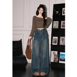 Dark Blue Wide-Legged Jeans Women 2025 Explosion Autumn And Winter Trend New High-Waist Loose Straight Pants