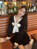 New Year Red Sweet Lace Sweater Coat Women Autumn And Winter Bow Tie With Open Shirt On Top