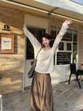 Sleeding Lazy Wind Loose V-Neck Long-Sleeved T-Shirt Girl Spring Thin Sunscreen Shirt Relaxation Feeling Bottom Top