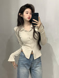 Spring And Autumn Polo Collar Pure Lustful Design Long-Sleeved Shirt Girl Thin Shoulder Hottie Top