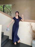 French Temperament Tibetan Blue With Short-Sleeved Dress Women's New Summer Waist Thin A-Dress Skirt Ins Tide