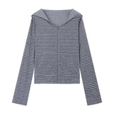 Lazy Wind Stripe Zipper Long-Sleeved Hooded Cardigan Jacket Women's Summer Short-Term Casual Sunscreen Hooded Shirt Top