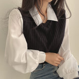 Spring And Autumn New Splicing POLO Collar Fake Two T-Shirt Women's Long Sleeves Loose Thin Bump Collar Blouse Tide