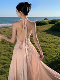 High-End Feeling Sleeveless V-Neck Hanging Neck Dress Gentle Temperament Wood Ear Side By-Back Seaside Beach Dress Super Fairy