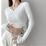 Designing The Babes On Both Sides Of The Drawstring Folds Small V-Neck Long-Sleeved T-Shirt Girl Elastic Repair Slim Short Umbilical Top
