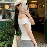 Design Sense Korean Version Of The Oblique Shoulder Collarbone Short-Sleeved T-Shirt For Women's New Summer French Texture Folded Short Top