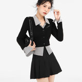 College Style Black Fake Two T-Shirt Women 2026 Spring Slimming Shirt Long-Sleeved Top
