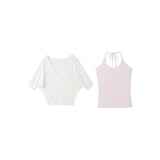 V-Neck Thin Loose Short-Sleeved Bat Sleeve T-Shirt For Women's Summer Striped Hanging Neck Sling Vest Two-Piece Top