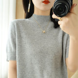 Wool Blended 2026 Autumn And Winter Women's Clothing Loose Half-High Collar Short-Sleeved Jersey T-Shirt