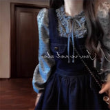 Early Spring Wear A Set Of Loose Retro Bows Denim With Dress Wave Lace Shirt Tide