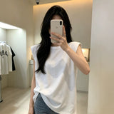 Can Shoulder White T-Shirt Women Sleeveless Summer Korean Version Of Loose Round Neck Solid Color Net Version Wide Shoulder Outside Wearing Waistcoat