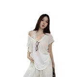 Pure-Want-Style Thin Loose White V-Neck Short-Sleeved T-Shirt For Women's Summer Lace In A Vest Top Folded Two Sets