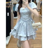 French Sweet First Love Little Doll Collar Dress Female Students Summer Show Thin Bubble Sleeves Canopy Skirt