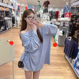 Relaxing Feeling Lazy Style Thin Blue Long-Sleeved T-Shirt Women's Summer Sun Protection Shirt Simple Loose Top