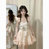 Sweet Wind Small Flying Sleeve Bow Dress 2026 Summer First Love Princess Ponmp Dress Small Waist Skirt Short Skirt