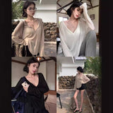 White Thin V-Neck Long-Sleeved T-Shirt Women's Summer Loose Sunscreen Shirt Casual Languid Windshield Top