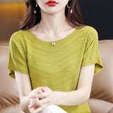 Tiansi 2026 Spring And Summer Women's New Lady Loose Temperament Beads Short-Sleeved T-Shirt Bottom Knitted Half-Sleeved Top