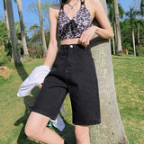 White High-Waisted Denim Shorts Women's Summer Small Big Leg Trousers Five-Pointed Trousers Loose Retro Straight Trousers