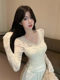 Purely Sexual Lace Lace Collar Hollow Top Women Spring And Autumn New Design Repair Inside The Long-Sleeved T-Shirt
