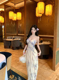 French Niche Beauty Fairy Out Of The Seaside Holiday Dress Sexy Pure Desire V Tie Hanging Print Dress Woman