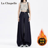 Denning High-Waisted Broad-Legged Jeans Women's Autumn And Winter 2025 Trend With New Dark Blue Loose Plus Velvet Trousers