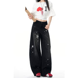 Black Star Print Wide-Legged Scissors Jeans Women Autumn New Niche Design Sense Loose Water Wash Trousers