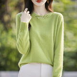 Wool Blended 2026 Autumn And Winter New Women's Round Neck Nails Loose Long-Sleeved Jacket Short Knitted Sweater Bottom Shirt