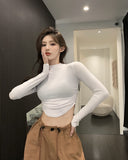 Early Autumn Hottie Wind Folded Shoulder Long-Sleeved T-Shirt Design Black Thin Half-High Collar Short Umbilical Top