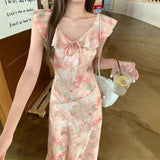2026 Summer New Lotus Leaf Side Small Flying Sleeve Pink Broken Flower Dress Female French Seaside Holiday Dress